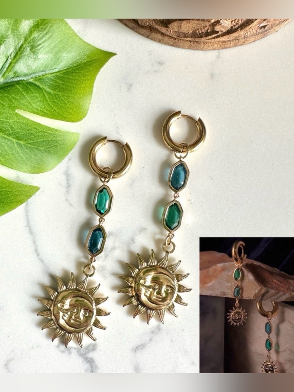 2/$30🌵 Gold Sun & Moon Huggies Hoop Earrings Dangle Green Blue Stone Boho NEW